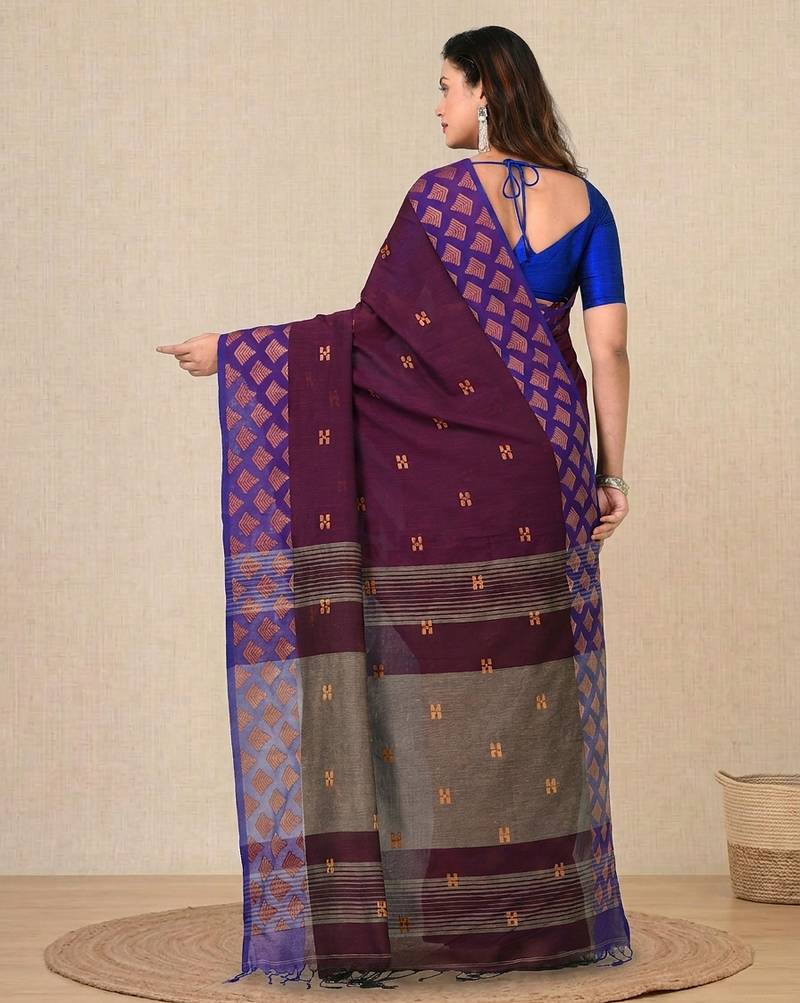 purple geometric motifs cotton blend handspun soft saree