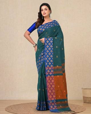 teal geometric motifs cotton blend handspun soft saree 1