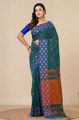teal geometric motifs cotton blend handspun soft saree