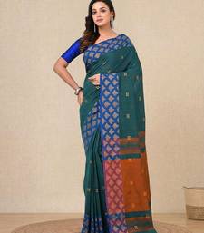 teal geometric motifs cotton blend handspun soft saree