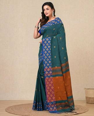 teal geometric motifs cotton blend handspun soft saree 2