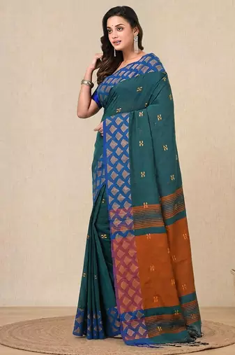 teal geometric motifs cotton blend handspun soft saree