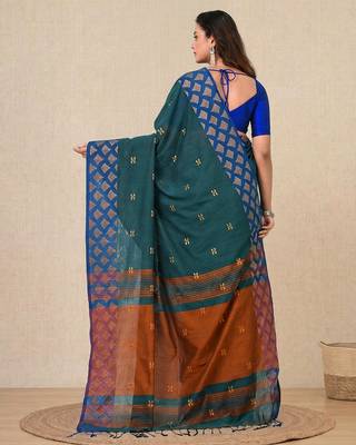 teal geometric motifs cotton blend handspun soft saree 3