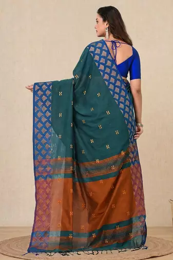 teal geometric motifs cotton blend handspun soft saree