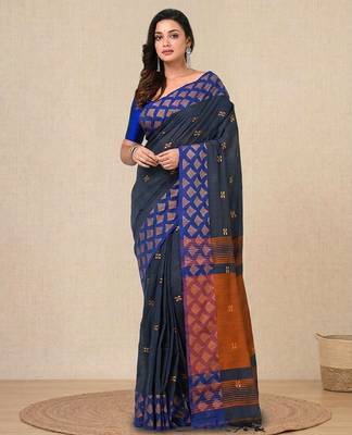 grey geometric motifs cotton blend handspun soft saree 1