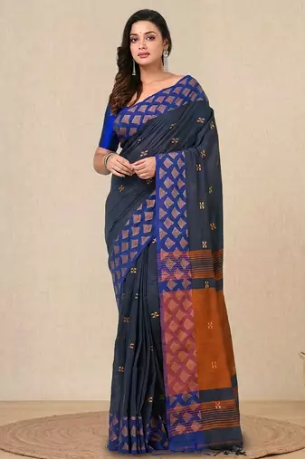grey geometric motifs cotton blend handspun soft saree