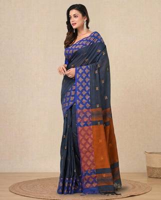 grey geometric motifs cotton blend handspun soft saree 2
