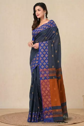 grey geometric motifs cotton blend handspun soft saree