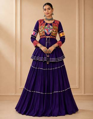 Purple Cotton Gamthi Work Lehenga Choli with Koti 1
