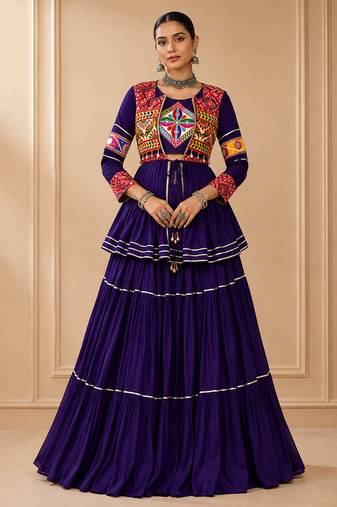Purple Cotton Gamthi Work Lehenga Choli with Koti