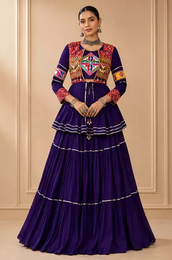 Purple Cotton Gamthi Work Lehenga Choli with Koti
