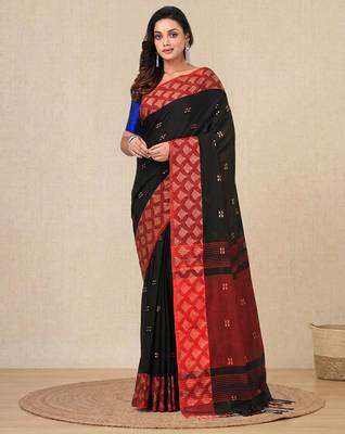 black geometric motifs cotton blend handspun soft saree 1