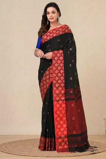 black geometric motifs cotton blend handspun soft saree