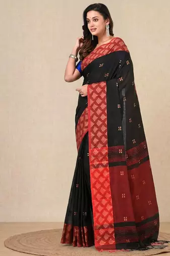 black geometric motifs cotton blend handspun soft saree