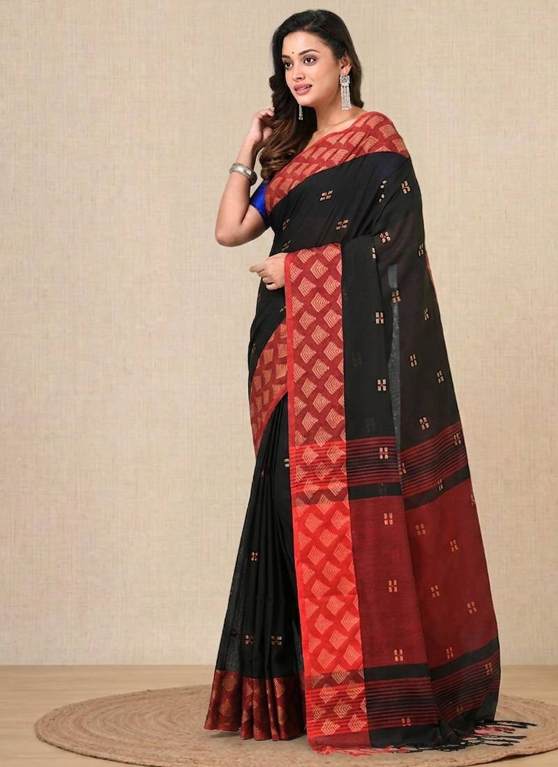 black geometric motifs cotton blend handspun soft saree