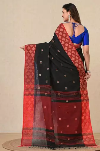 black geometric motifs cotton blend handspun soft saree