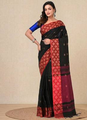 black geometric motifs cotton blend handspun soft saree 1