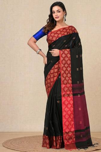 black geometric motifs cotton blend handspun soft saree