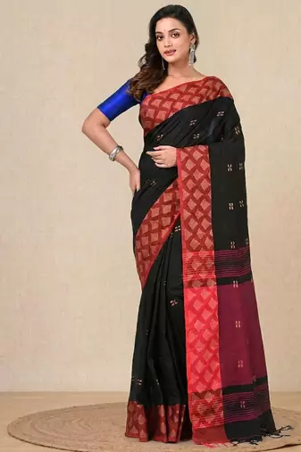 black geometric motifs cotton blend handspun soft saree