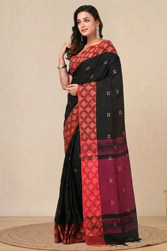 black geometric motifs cotton blend handspun soft saree