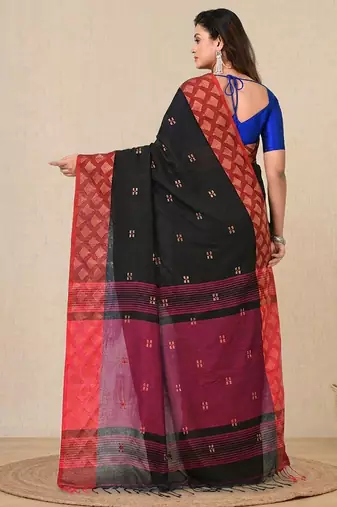 black geometric motifs cotton blend handspun soft saree