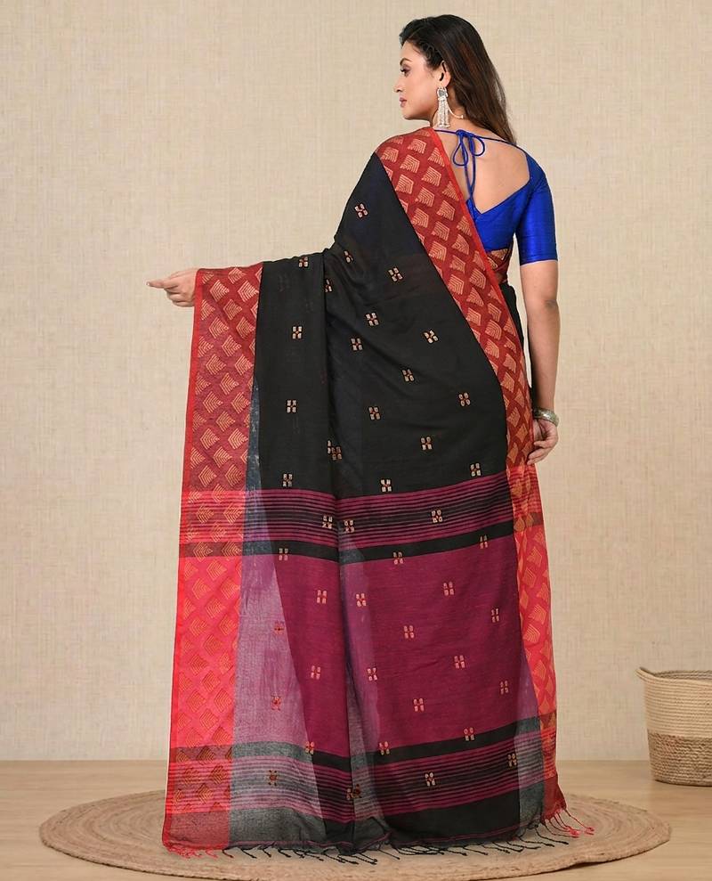 black geometric motifs cotton blend handspun soft saree