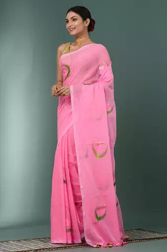 pink printed mulmul soft saree