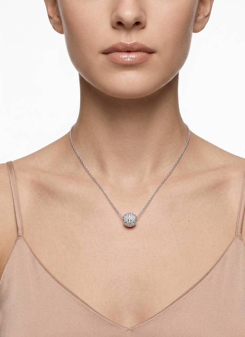   925 Sterling Silver Rhodium Plated Pave CZ Sphere Pendant Necklace Set  for Women