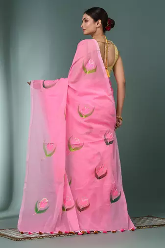 pink printed mulmul soft saree