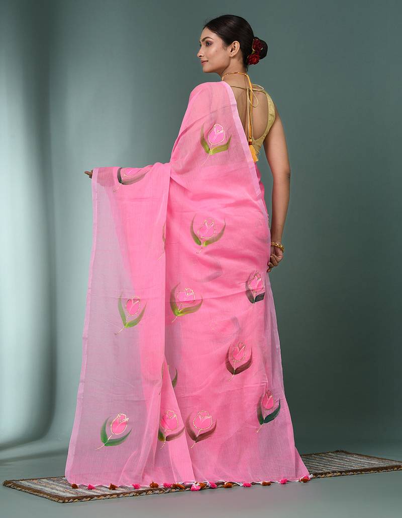 pink printed mulmul soft saree