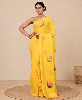 yellow printed mulmul soft saree 1