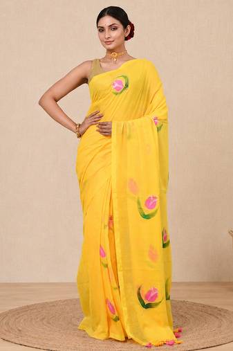 yellow printed mulmul soft saree