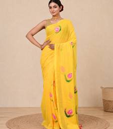 yellow printed mulmul soft saree