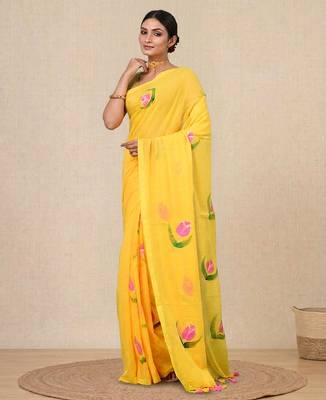 yellow printed mulmul soft saree 2