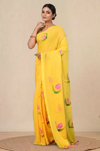 yellow printed mulmul soft saree