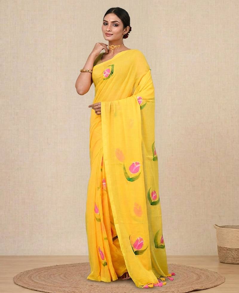 yellow printed mulmul soft saree
