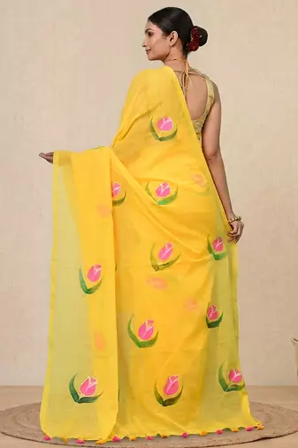 yellow printed mulmul soft saree