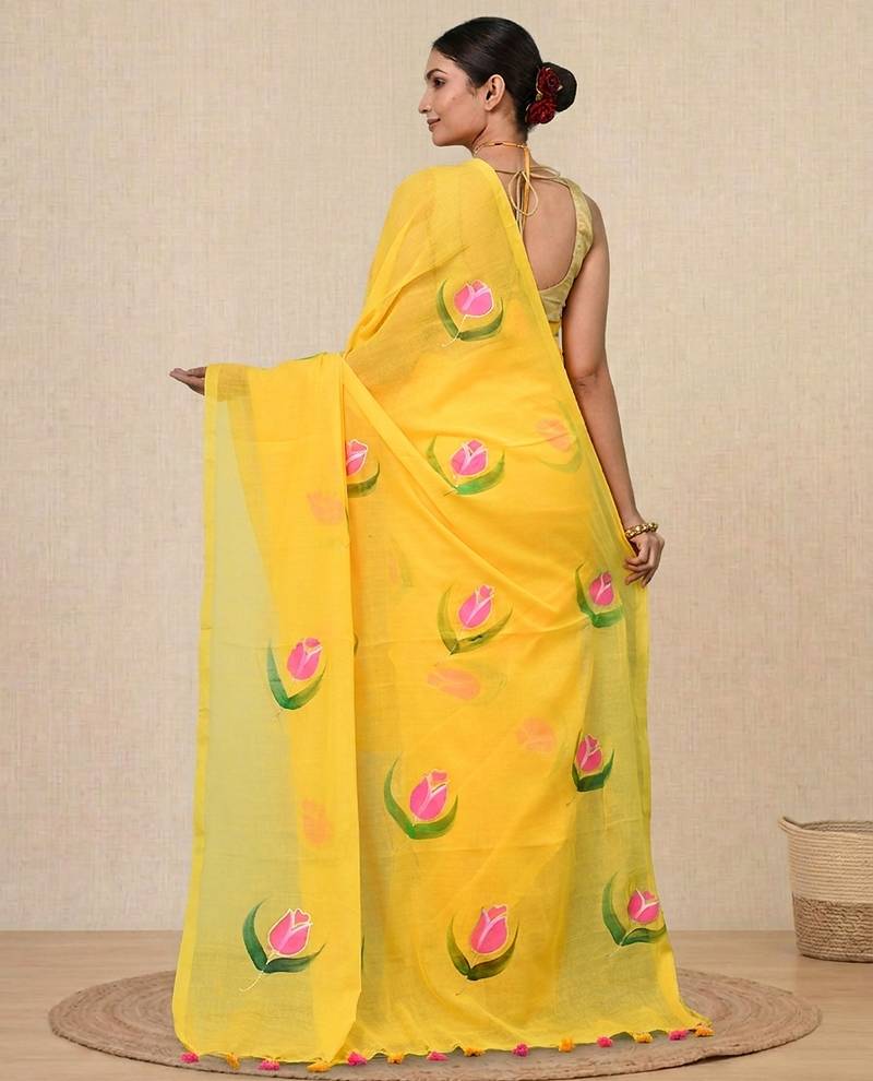 yellow printed mulmul soft saree