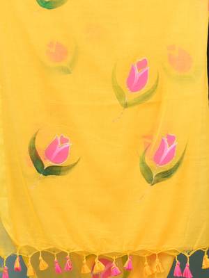 yellow printed mulmul soft saree 4