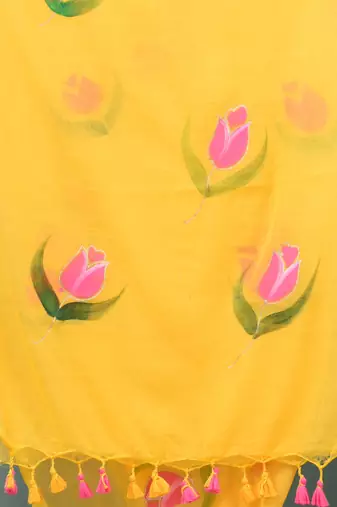 yellow printed mulmul soft saree