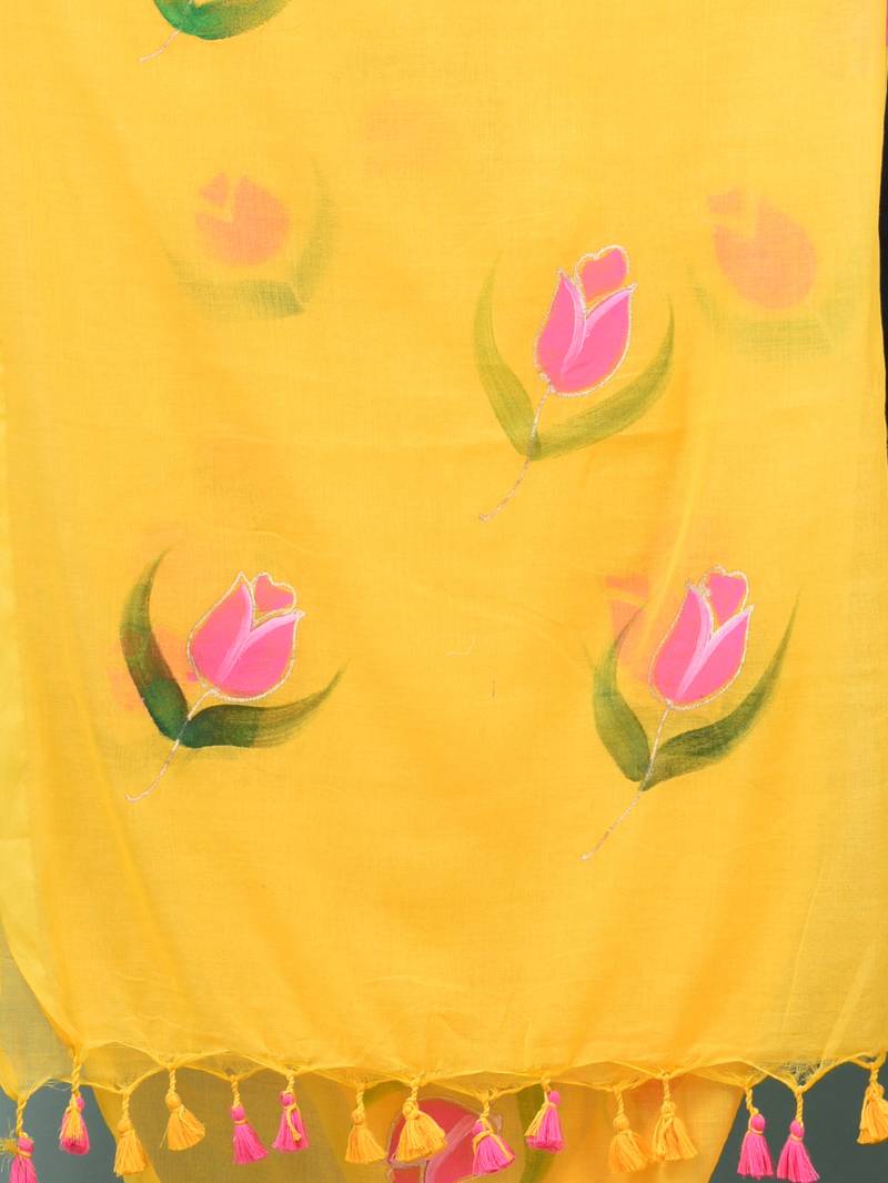 yellow printed mulmul soft saree