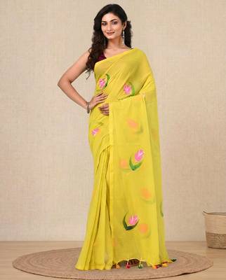 lemon yellow printed mulmul soft saree 1