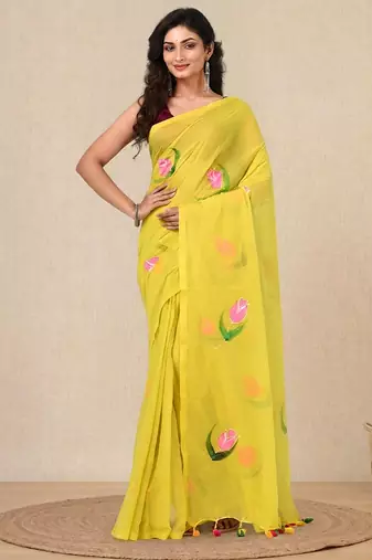 lemon yellow printed mulmul soft saree