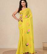 lemon yellow printed mulmul soft saree
