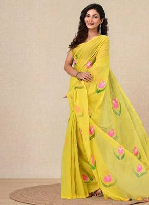 lemon yellow printed mulmul soft saree 2
