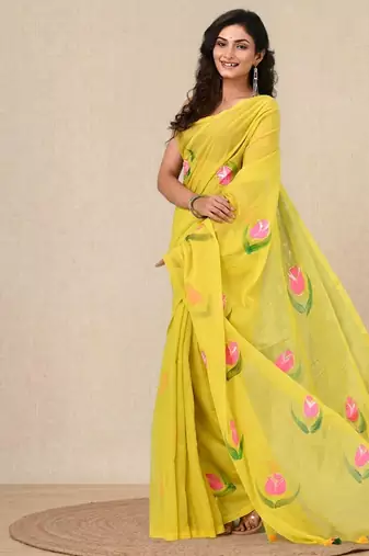 lemon yellow printed mulmul soft saree