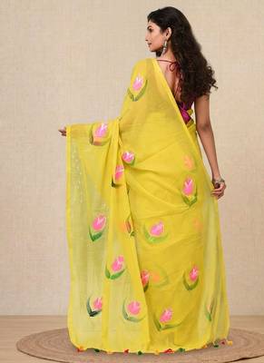lemon yellow printed mulmul soft saree 3