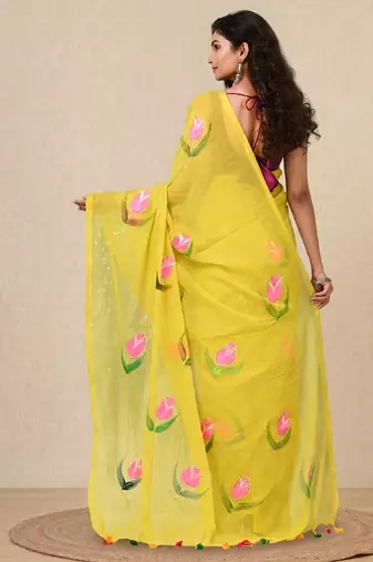 lemon yellow printed mulmul soft saree