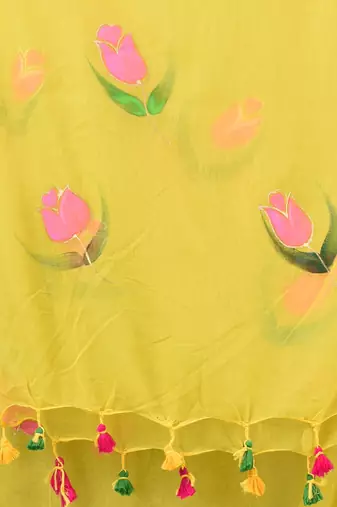 lemon yellow printed mulmul soft saree