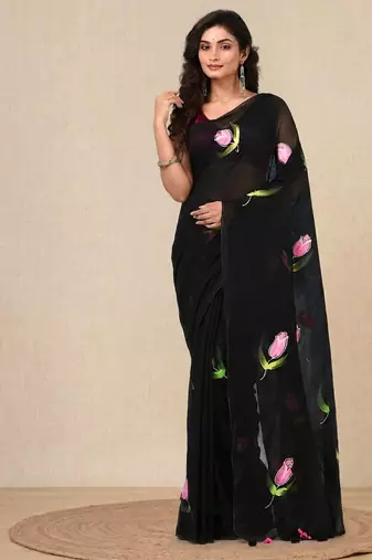 black printed mulmul soft saree